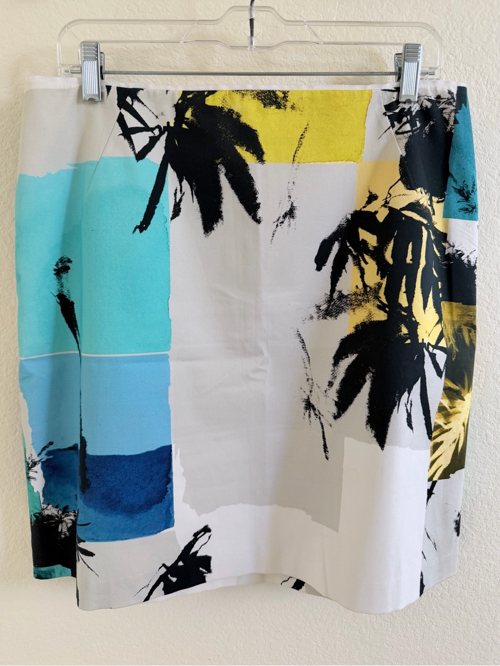 🌴 Elie Tahari Blue Yellow Turquoise Palm-Print Short Skirt (Size 12)